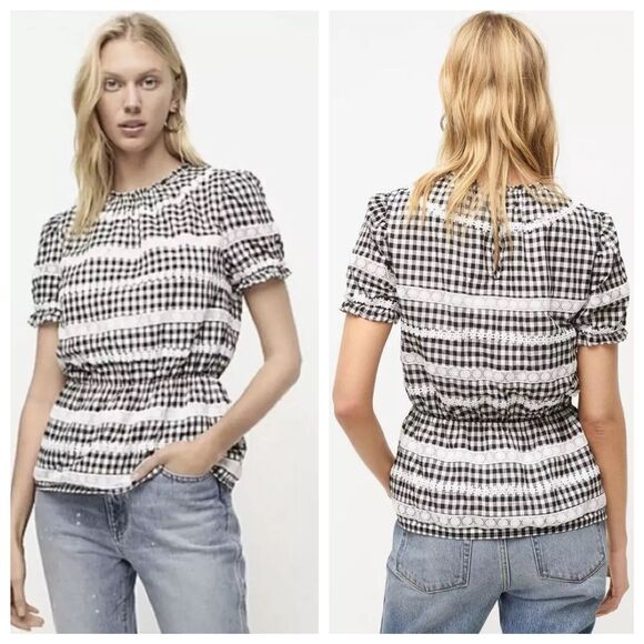 J.Crew Women's Daisy-Chain Peplum Top in Gingham in Black & White - Size L - Picture 2 of 15